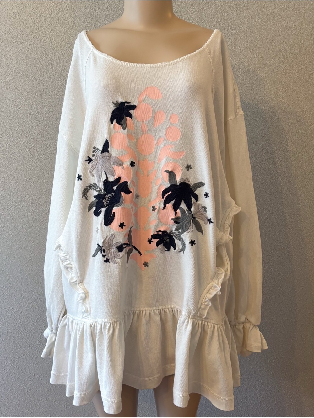 FP Movement Off Shoulder Oversized Floral Ruffle Logo Tunic Sz Medium